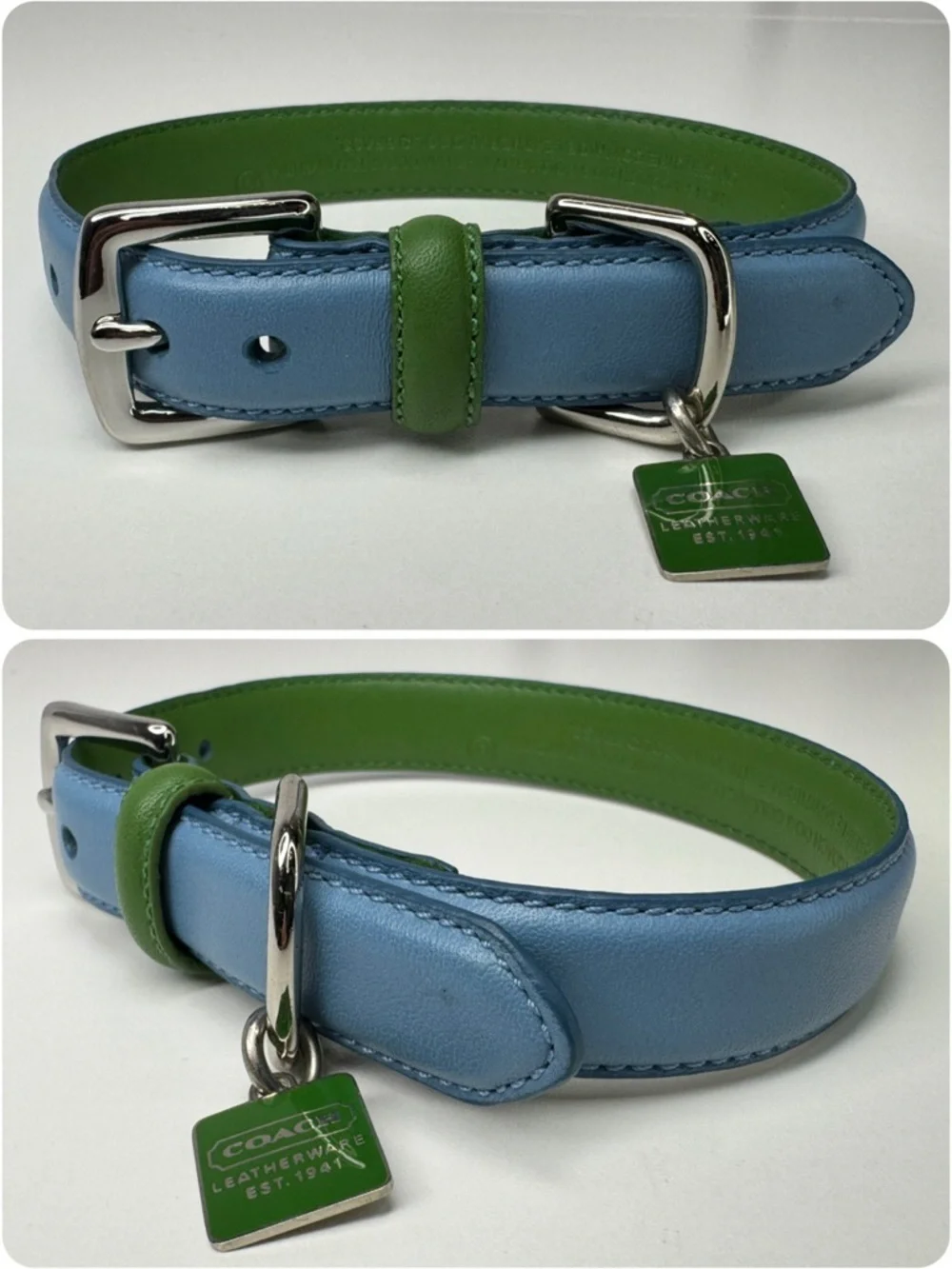 Coach Green Blue  Leather Vintage Y2 K ID Tag Size S Small 11-13” Dog Collar